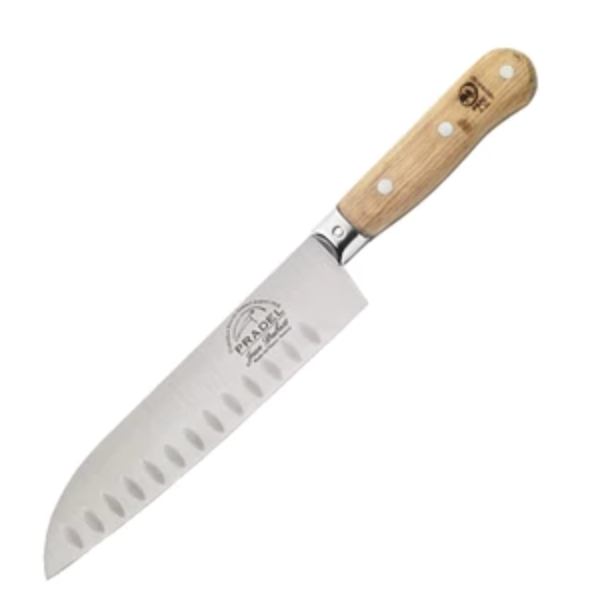 Diagonal view of Pradel 1920 Santoku Knife showcasing a dimpled stainless steel blade and oak handle with a white background