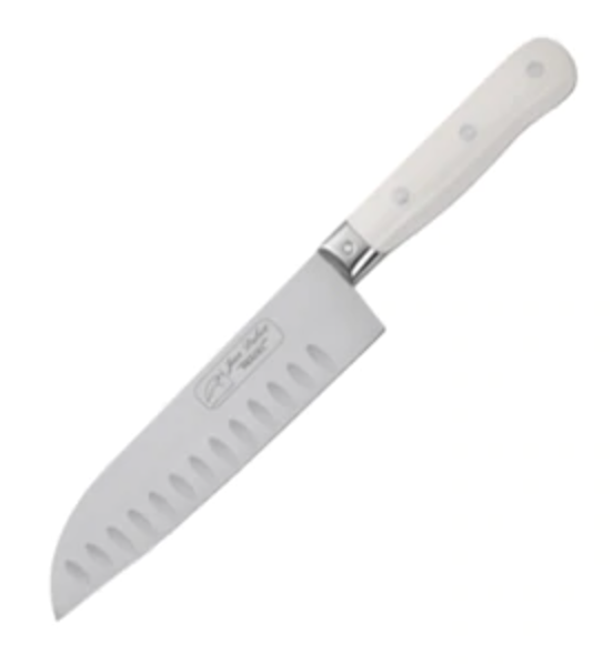 Diagonal view of Pradel 1920 Santoku Knife showcasing scalloped stainless steel blade and oak handle with white background