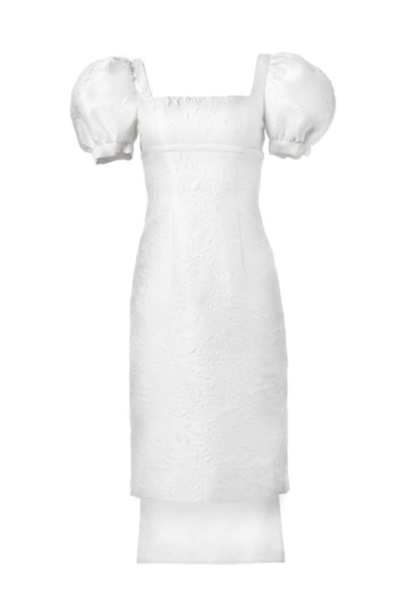 Limited Edition: Baby Doll Puffy Sleeve Short Panel Back Dress with Bows in White French Brocade
