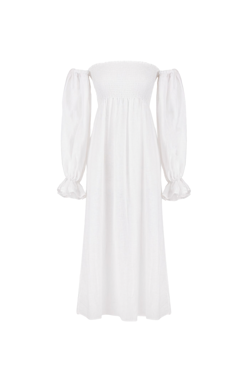 Front view of Atlanta Linen Dress in White showcasing smocked waistline and long sleeves with a white background