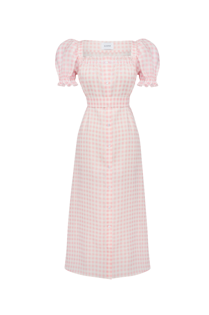 Front view of Brigitte midi linen dress with pink vichy gingham, button-front, puff sleeves and matching belt on white