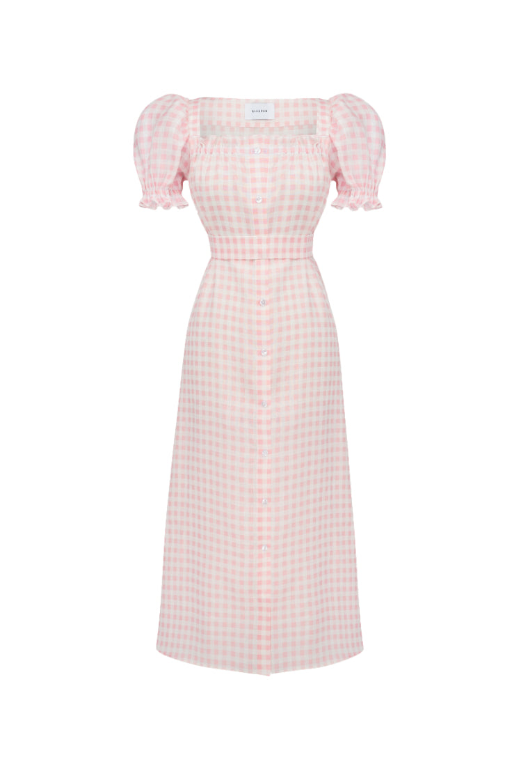 Brigitte Midi Linen Dress in Pink Vichy