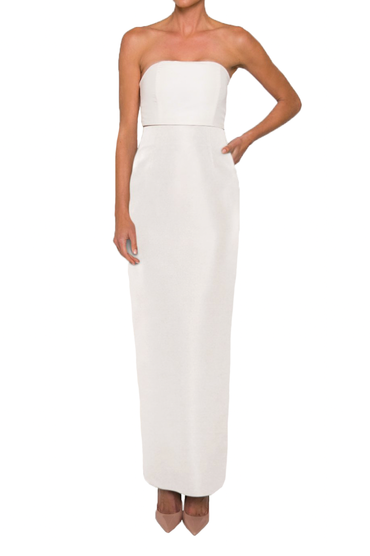Front view of the white Silk Faille Column Skirt showcasing its fitted column silhouette on a model against a white background