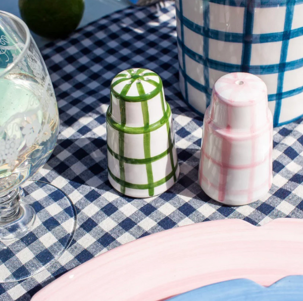 Salt Nā Pepa Salt & Pepper Dispenser in Pink & Forest Green Gingham
