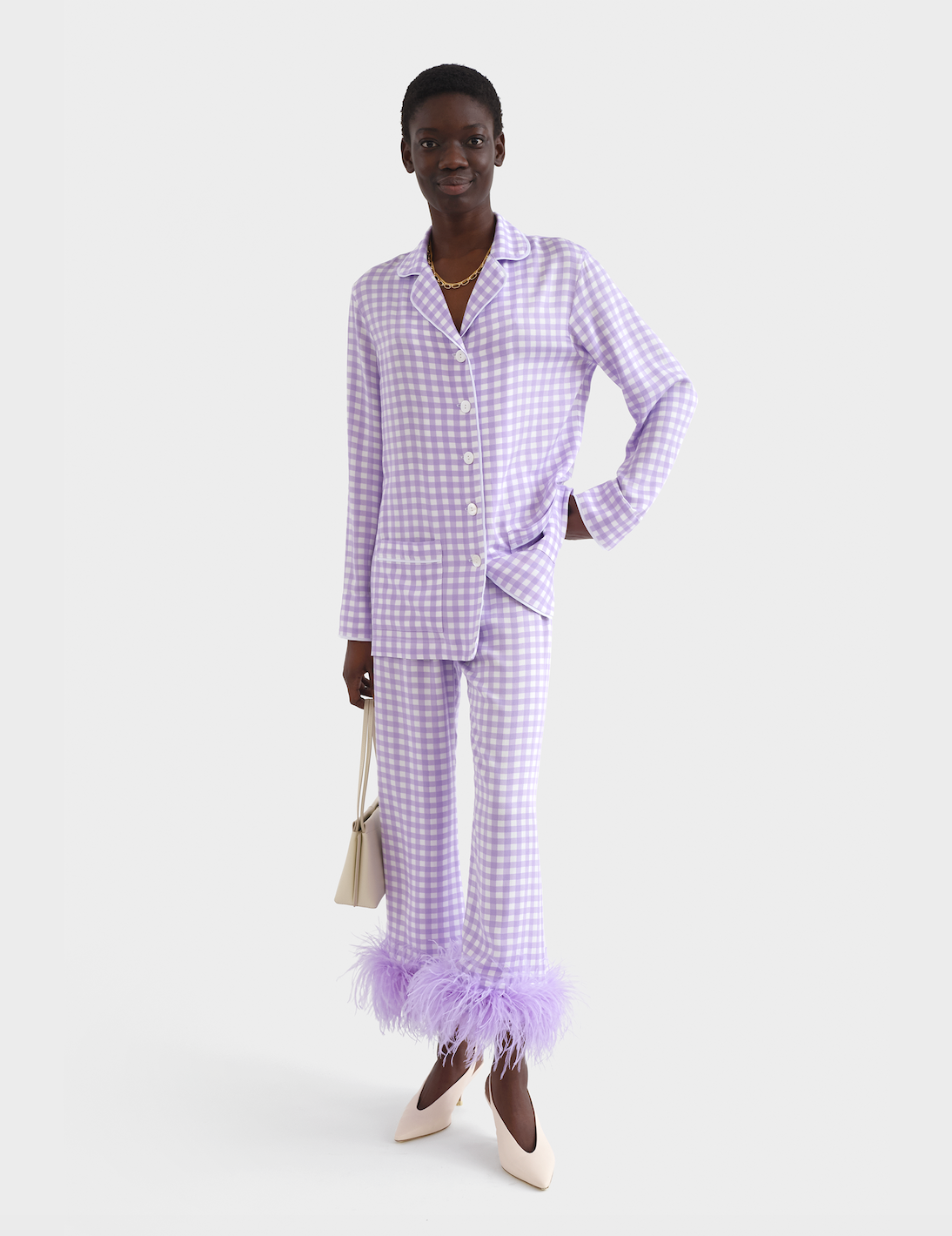 Front view of Party Pajama Set with Feathers in Lavender Vichy, oversized fit and detachable feather trim on white