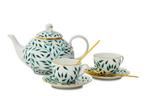 Green & Gold Leaves Teacup & Teapot Set