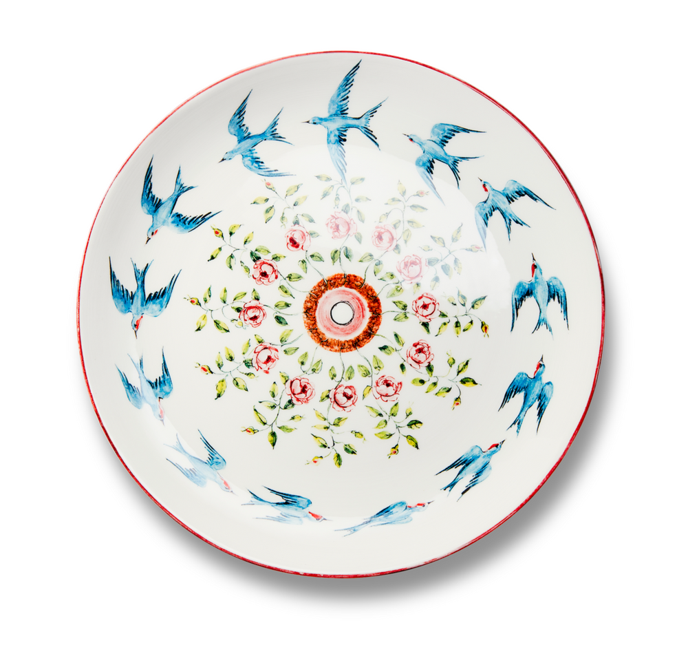Top view of Playplates Swallows plate showcasing blue swallows, pink roses, green leaves, and a pink border