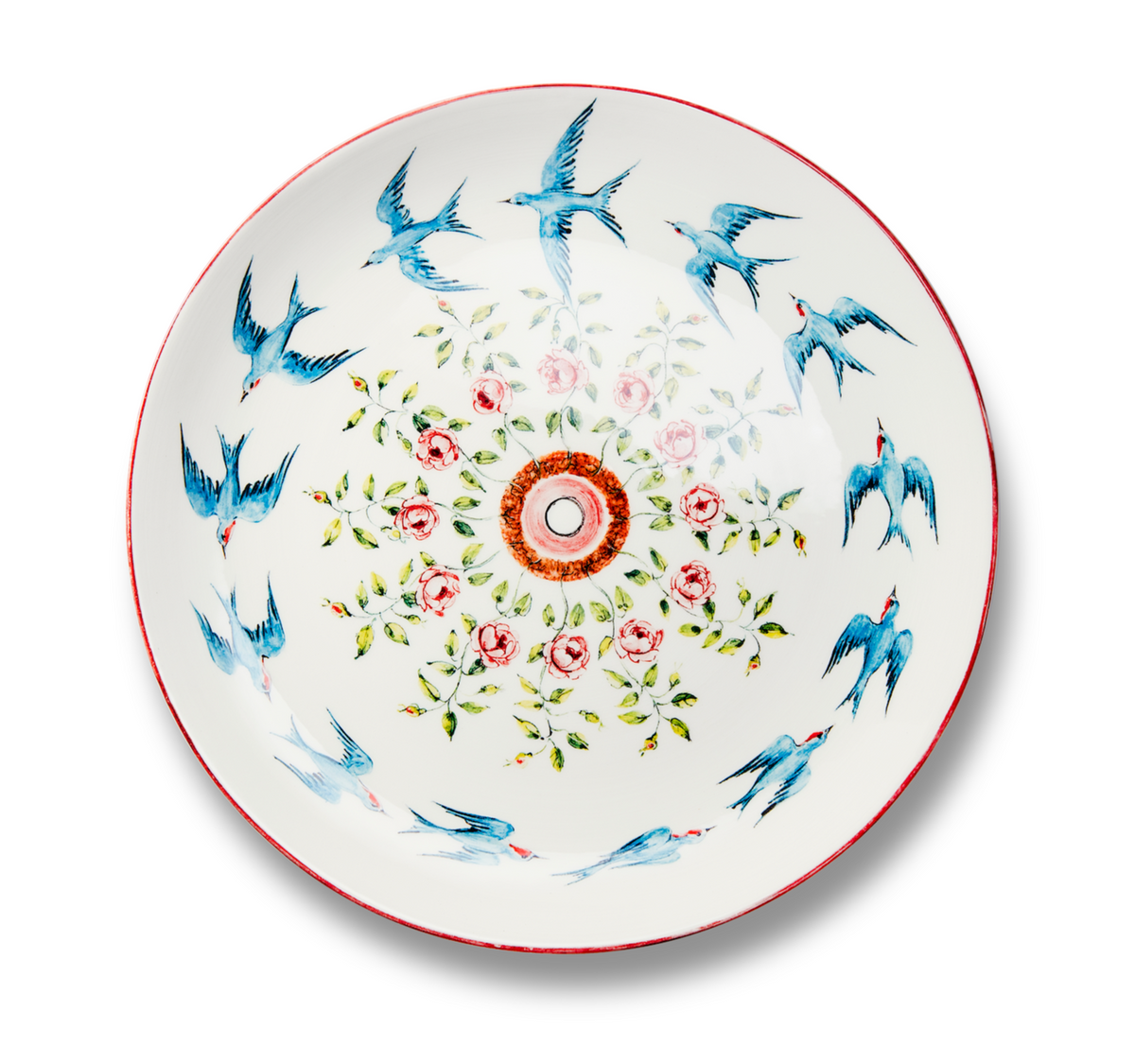 Top view of Playplates Swallows plate showcasing blue swallows, pink roses, green leaves, and a pink border