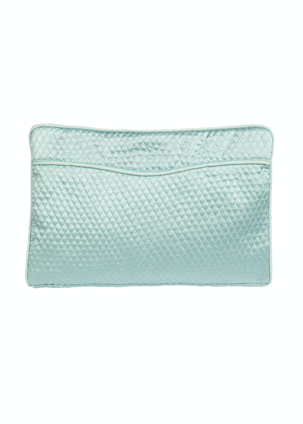 Front view of Overnighter satin travel pouch in sky blue with quilted diamond stitching and curved front pocket on white