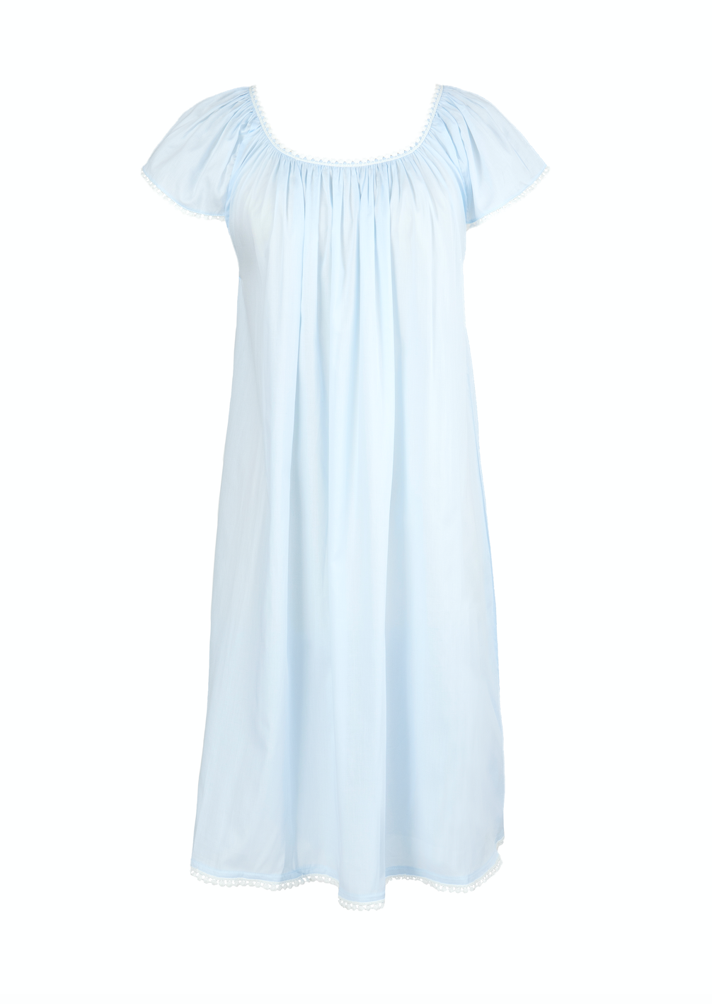 Front view of Julia Cap Sleeve Nightgown in Blue showcasing lace detail on neckline, sleeves, and hem against white background