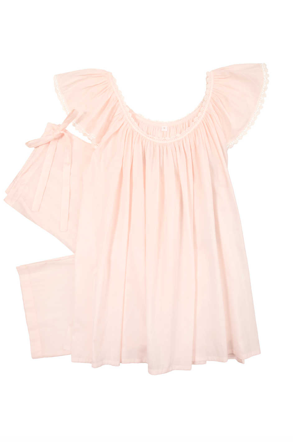 Flat lay of Julia pink pajama set showing flutter sleeves with lace trim and drawstring-waist pants on white background