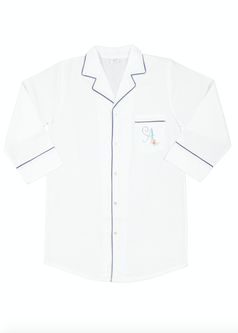 Ally White Cotton Nightshirt with Navy Blue Piping