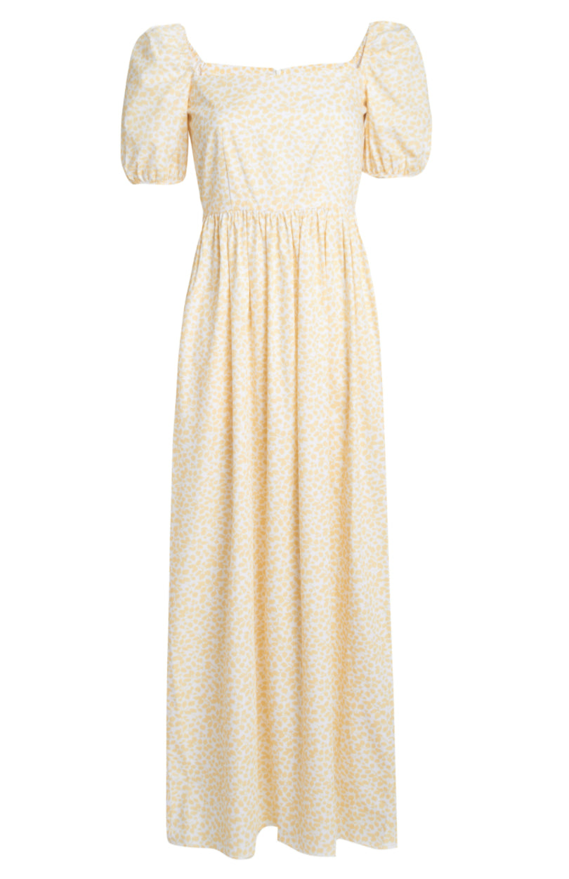 Short-Sleeve Maxi Dress in Yellow Leaf
