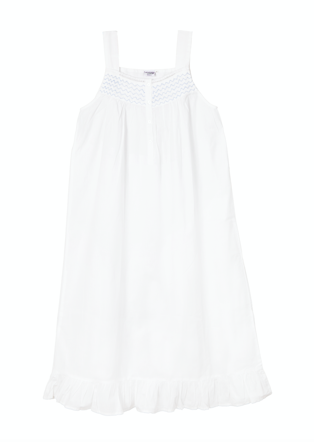 Vicki White Cotton Nightgown with Blue Smocking