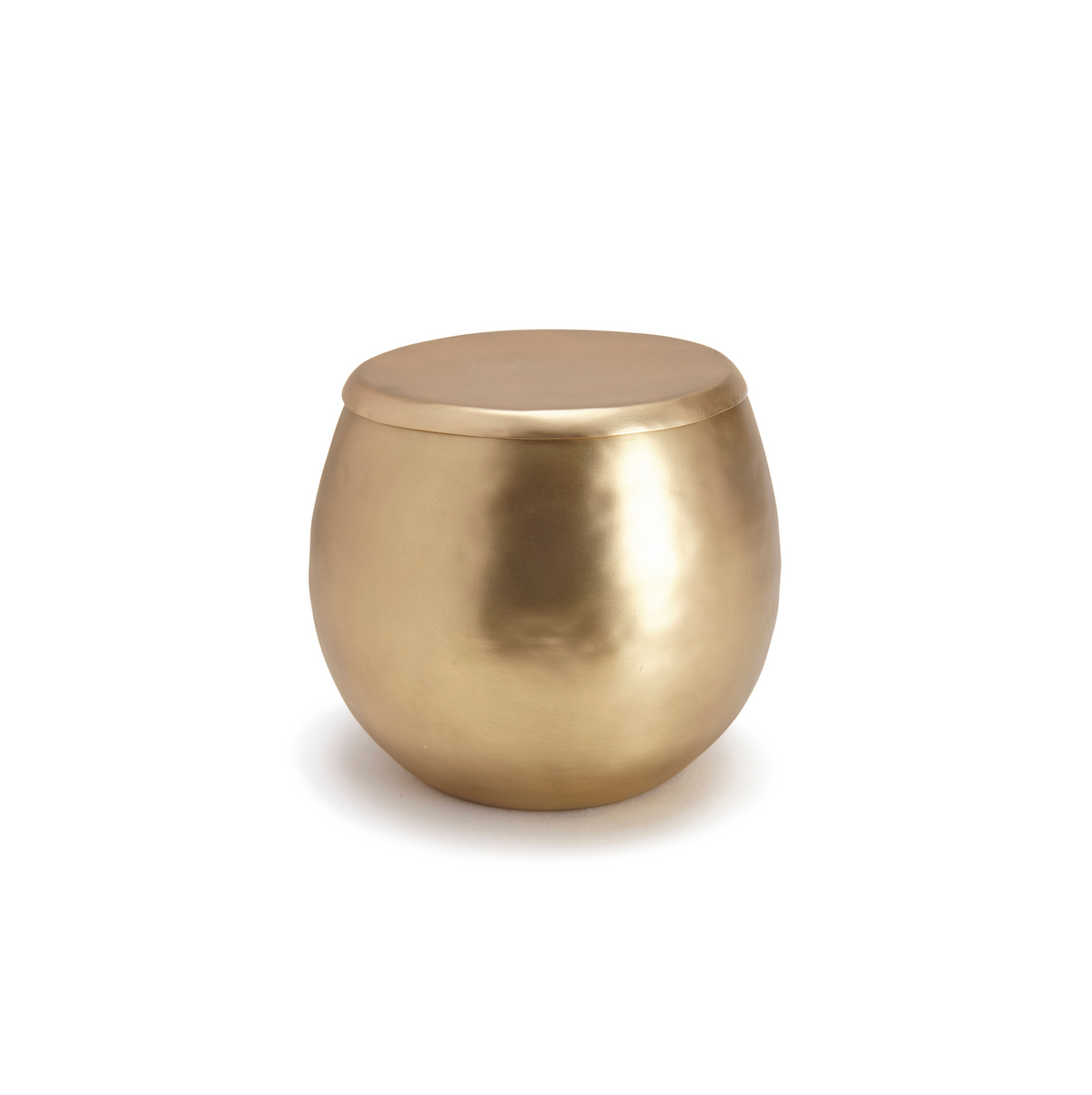Front view of Nile Bath Cotton Jar showcasing brass finish and rounded lid on white background