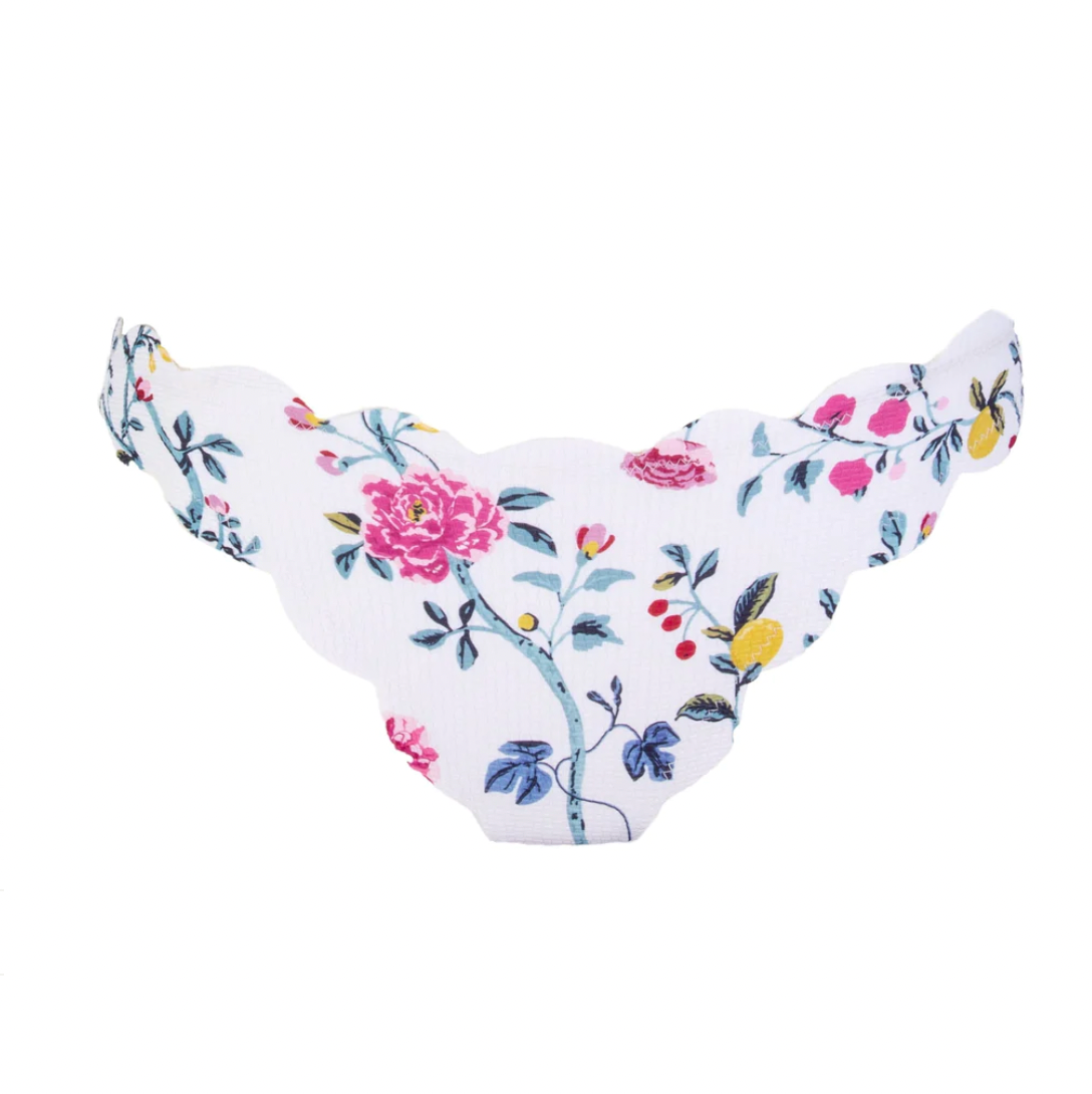 Front view of Antibes Bottom in White Floral showcasing scalloped edges and floral print on white background