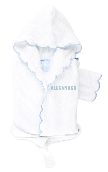 Front view of Loulou Toddler Set hooded bathrobe with scalloped blue trim, matching washcloth and belt, showing ALEXANDRA embroidery