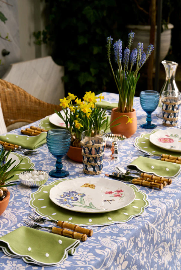 Whimsical Tablecloth with Blue Trim