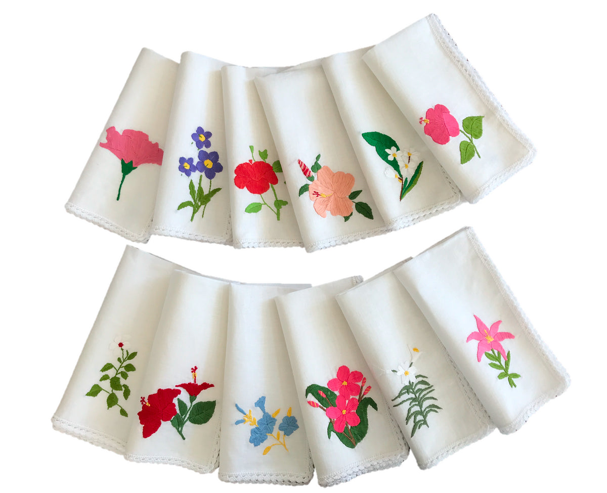 Spring Flowers Hand-Embroidered Dinner and Cocktail Napkins, Set of 12