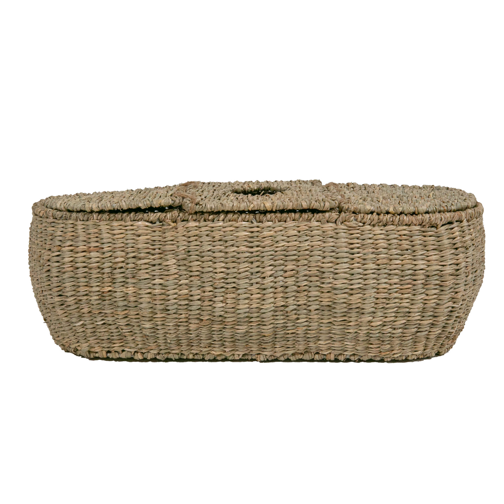 Front view of seagrass tissue basket showing hand woven rectangular body with top tissue opening on white background
