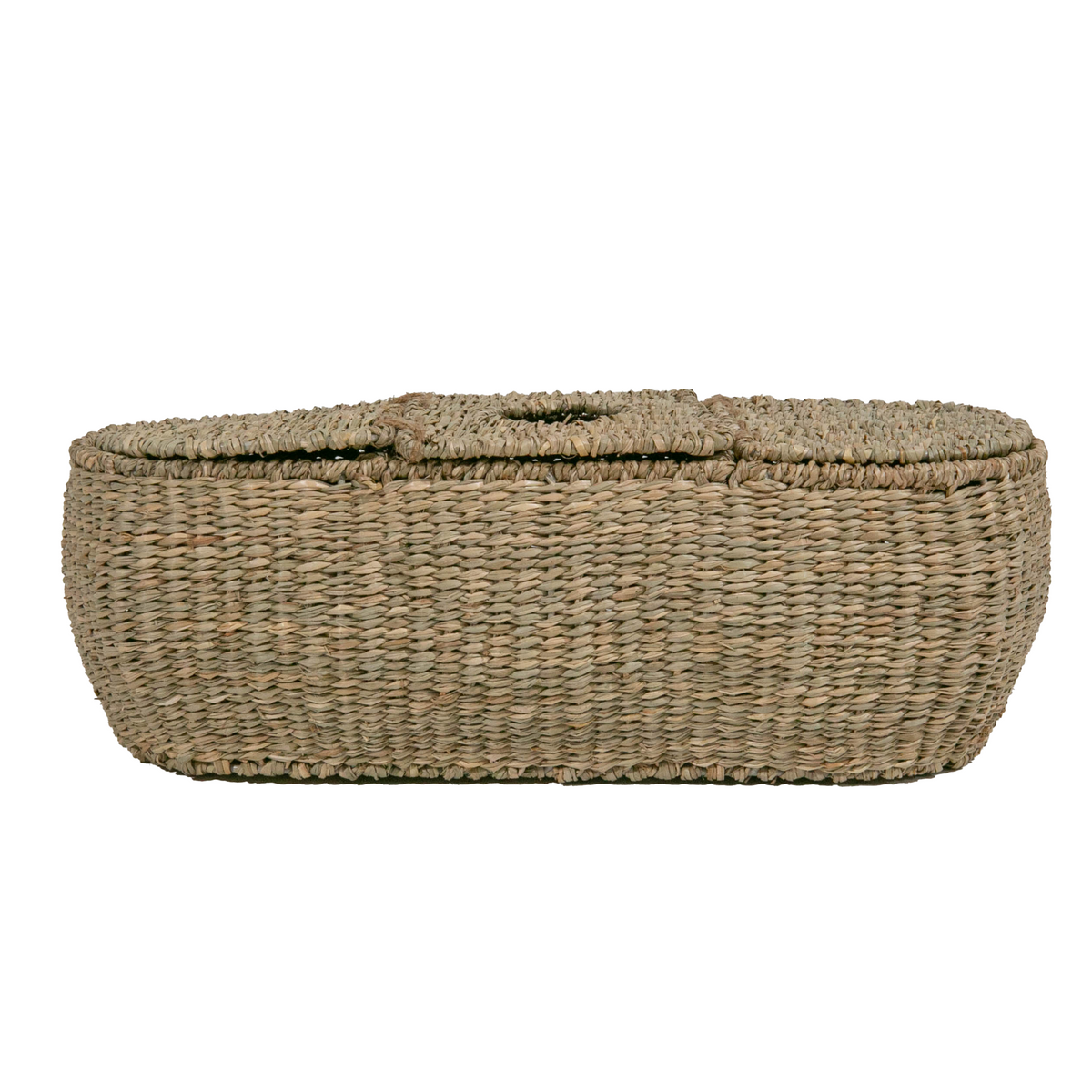 Front view of seagrass tissue basket showing hand woven rectangular body with top tissue opening on white background