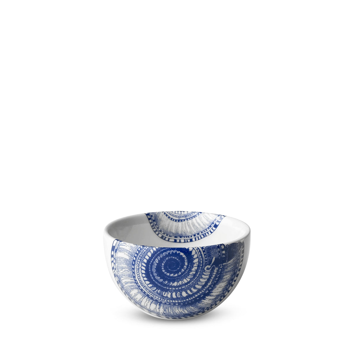 Front view of Shells Snack Bowl showcasing brilliant blue shell pattern on creamy porcelain with white background
