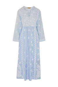 Silk Embroidered Dress in Light Blue