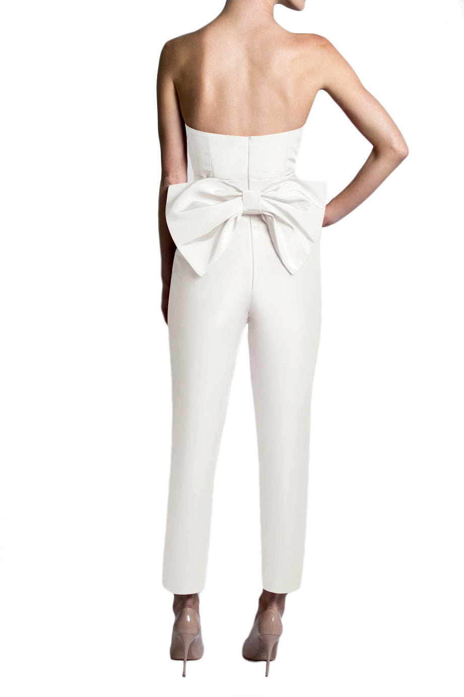 Silk Faille Bow Back Jumpsuit in White