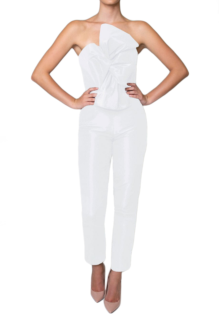 Front view of white Silk Faille Twisted Bow Jumpsuit showcasing self-tied twisted bow and cigarette-style trousers with white background