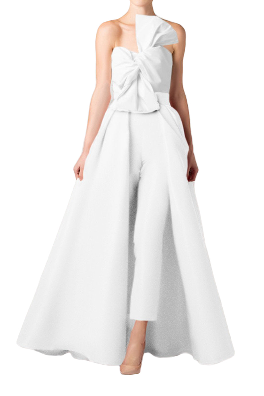Front view of Silk Faille Twisted Bow Jumpsuit with Convertible Skirt showcasing white twisted bow bodice and overskirt