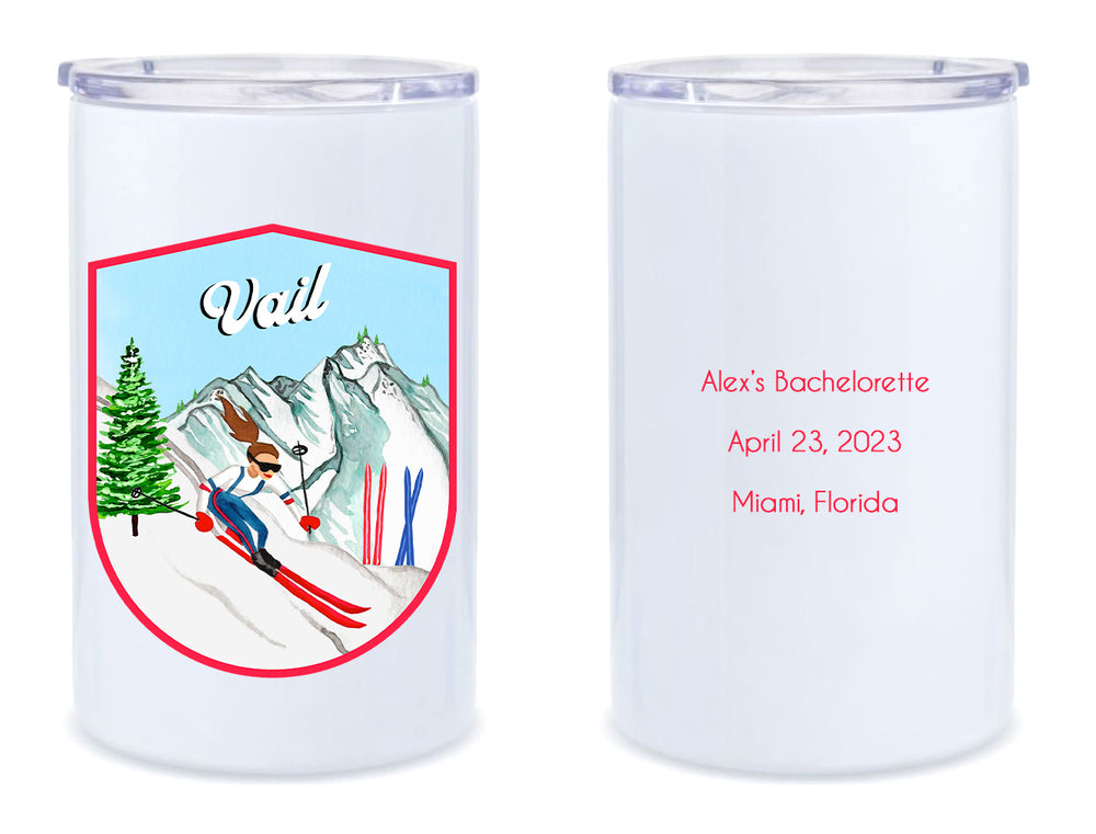 Front and back of stainless steel tumbler showing Vail ski crest and personalized back text with event name and date
