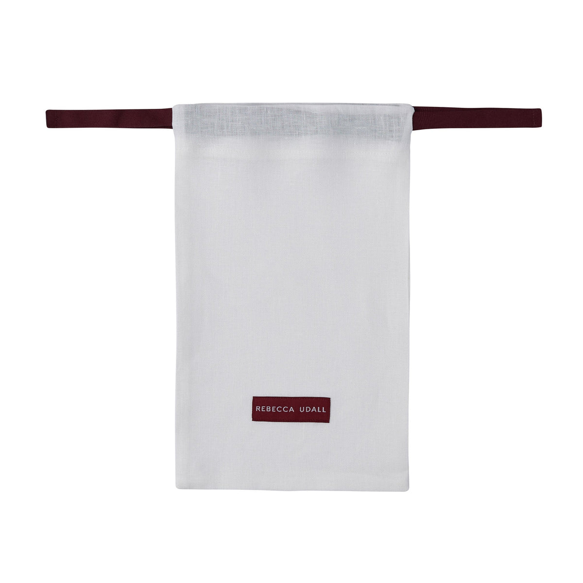 small linen dust bag off white ivory burgundy ribbon luxury gift packaging