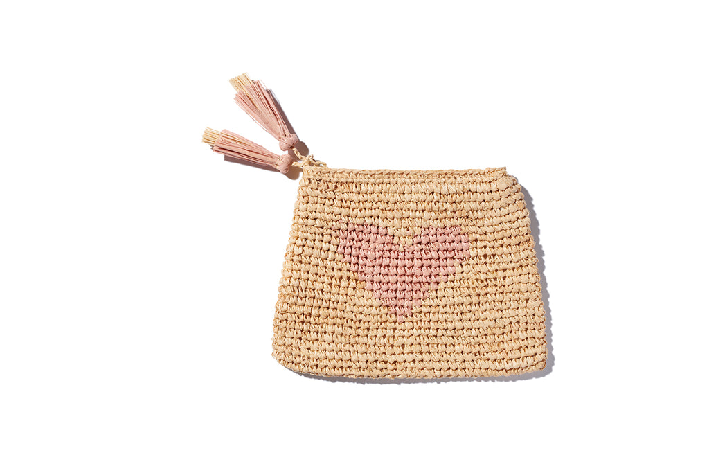 Aerin Heart Raffia Zip Pouch on Over The Moon