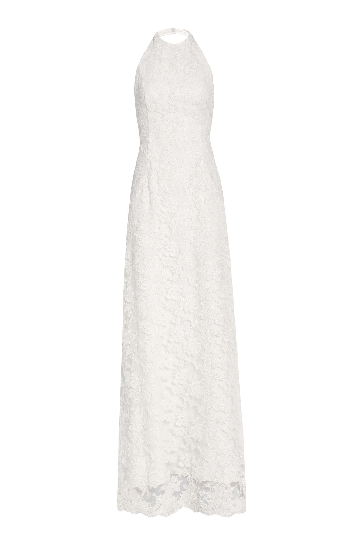 Front view of Sophia White Lace Halter Gown showcasing floral lace and high neck with a white background