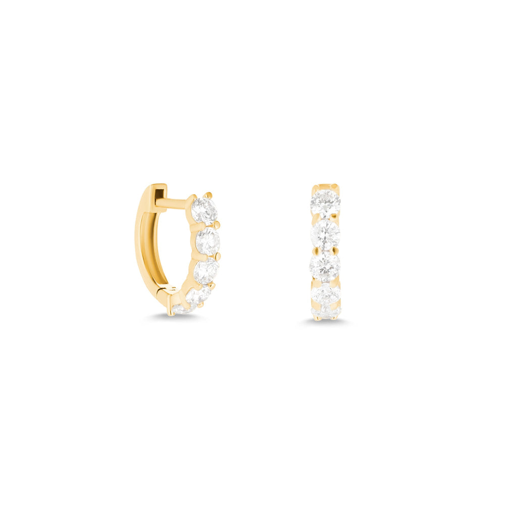 Angled and front views of Sparkler Huggies earrings showing five round diamonds set in 14k yellow gold on white background