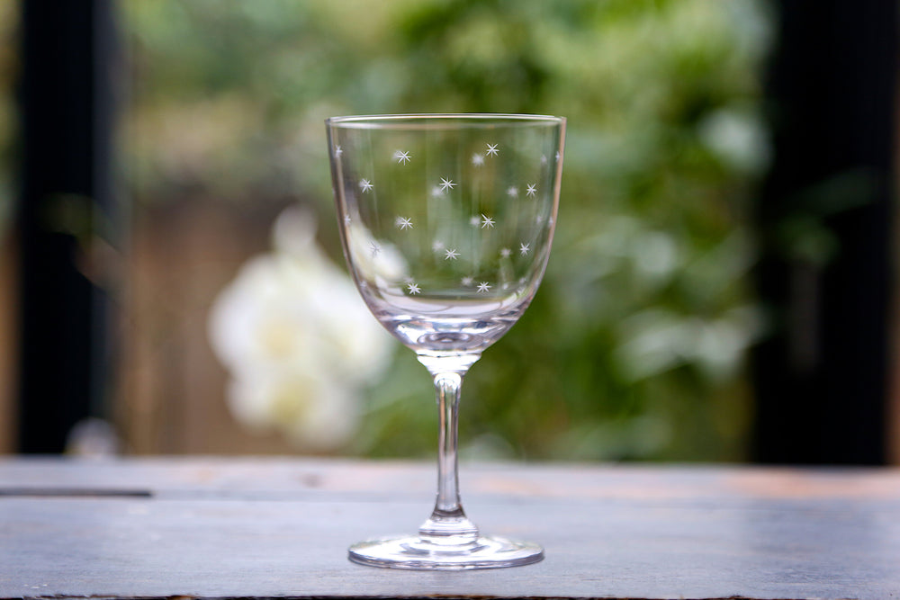 Front view of crystal wine glass showcasing hand engraved star pattern with blurred garden background