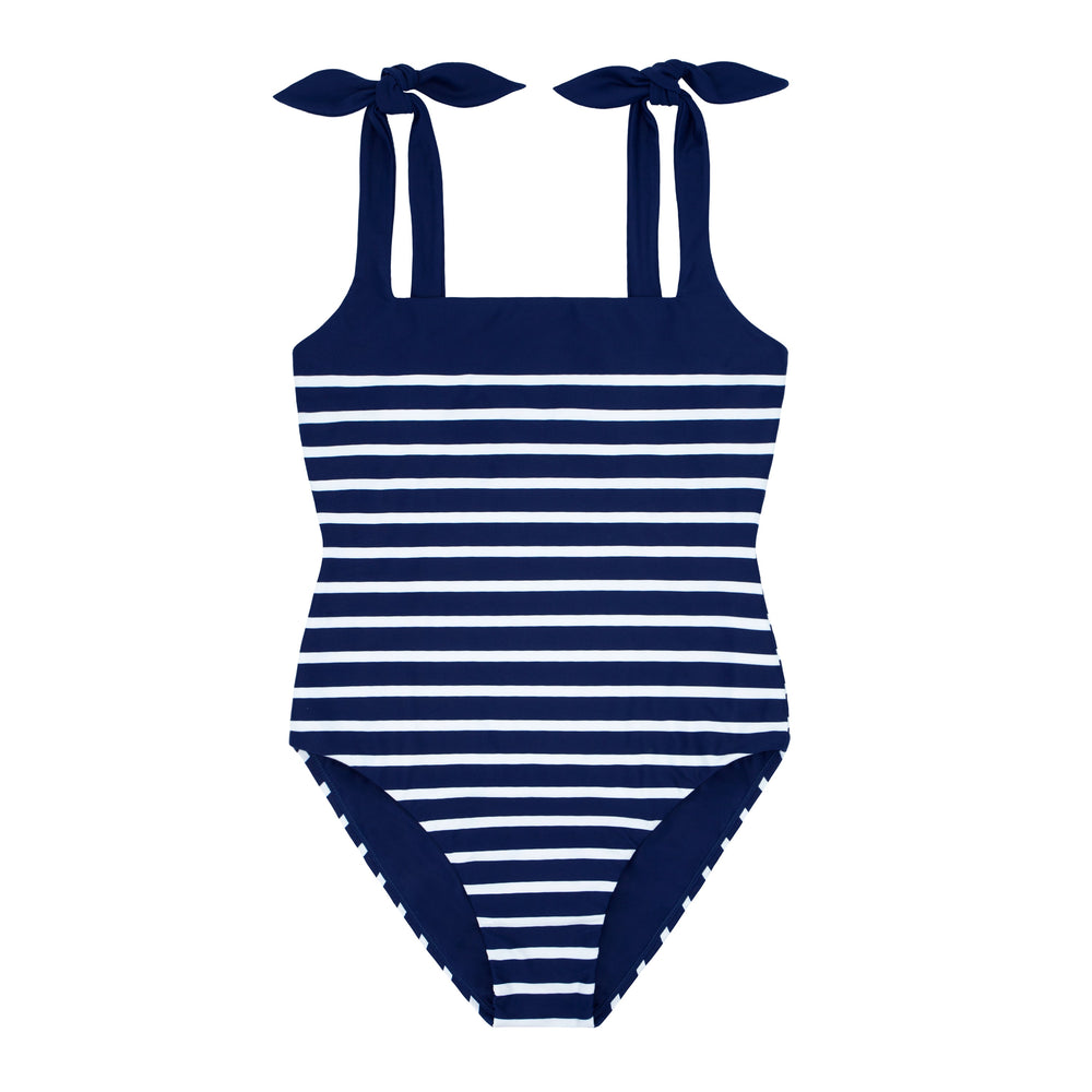 Front view of Women’s Navy Breton Stripe Tie-Knot One Piece showcasing navy Breton stripes and adjustable tie-knot straps