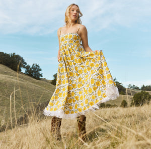 Gavin Fringe Midi Dress in Cream & Canary Floral