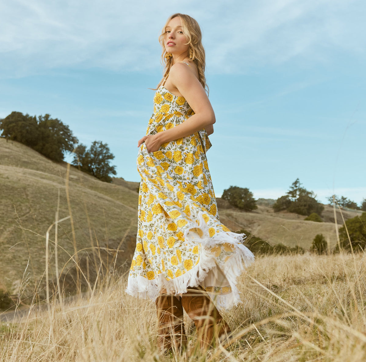 Gavin Fringe Midi Dress in Cream & Canary Floral