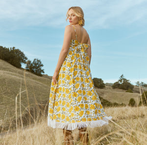 Gavin Fringe Midi Dress in Cream & Canary Floral