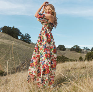 Aurora Puff Sleeve Maxi Dress in Dove White & Blooming Floral Print