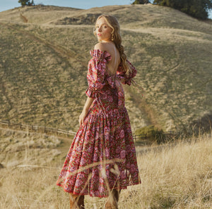 Diane Drop-Waist Skirt in Imperial Red & Blush Floral