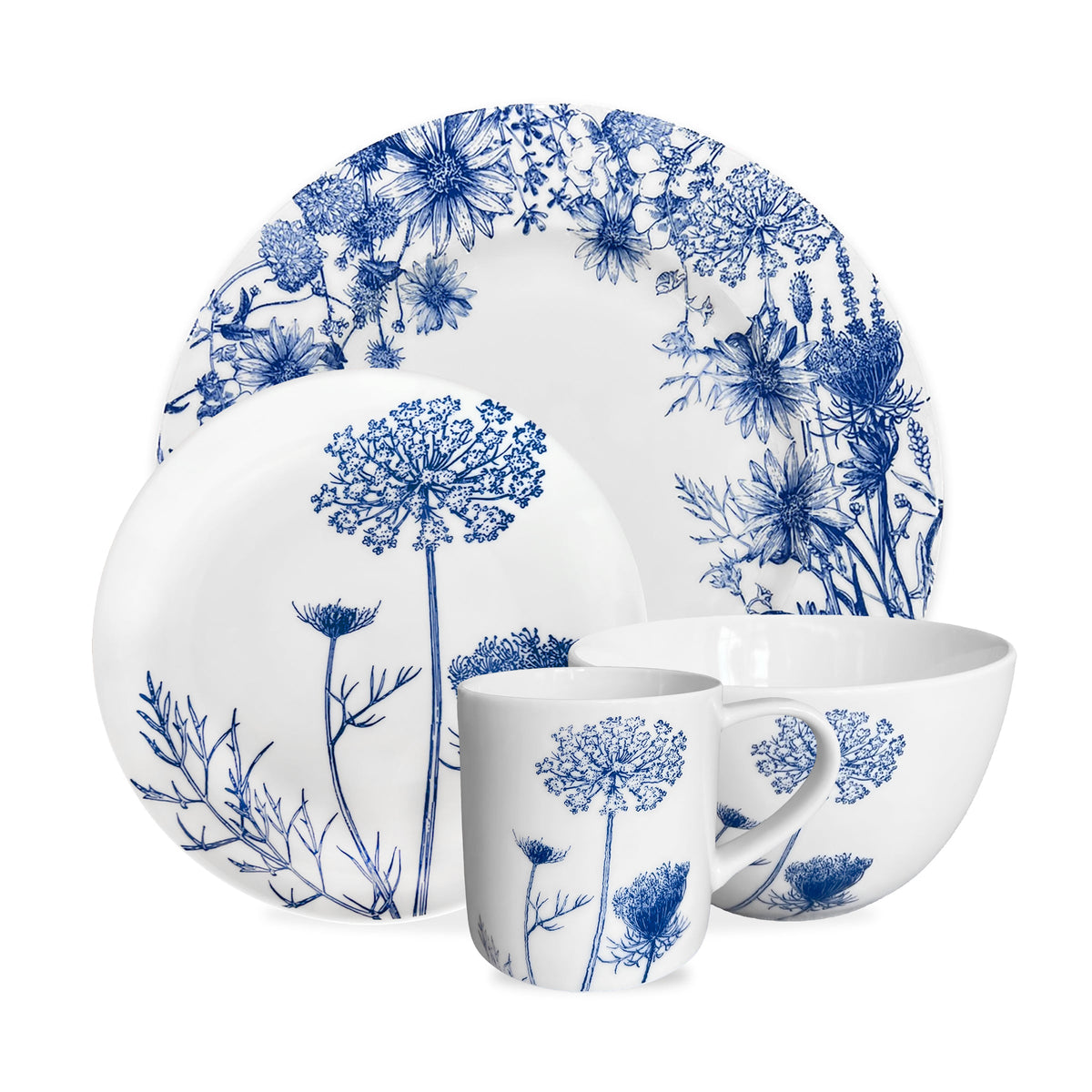 Front view of Summer Blues Place Setting, Set of 4 showcasing blue floral patterns on white porcelain with a white background