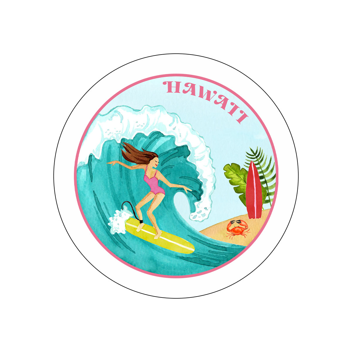 Front view of circular sticker of woman surfing on a turquoise wave with HAWAII text