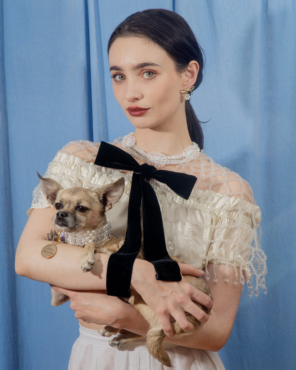 Front of I Do! dog collar on a tan dog, pearl and crystal beading and lavender buckle, held by model against blue backdrop