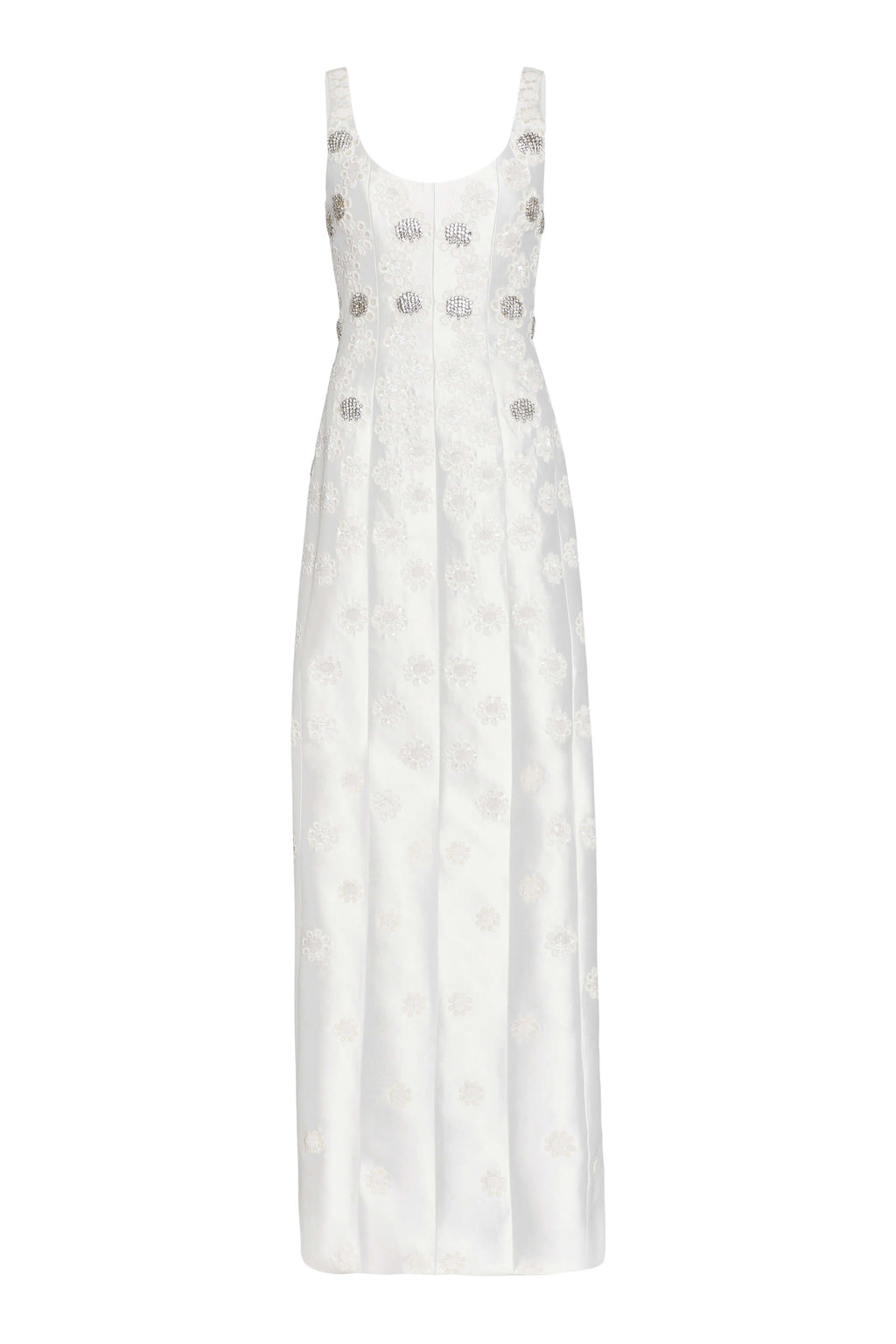 Sylvie White Silk Paneled Column Gown With Daisy Beading | Over The Moon Sylvie White Silk Paneled Column Gown With Daisy Beading | Over The Moon