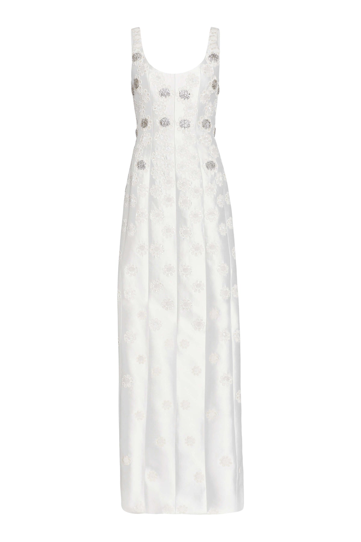 Front view of Sylvie White Silk Paneled Column Gown showcasing white and metallic daisy beading on a white background