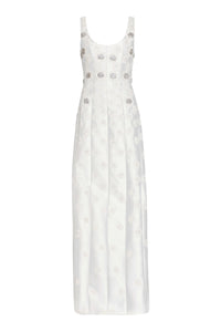 Sylvie White Silk Paneled Column Gown With Daisy Beading