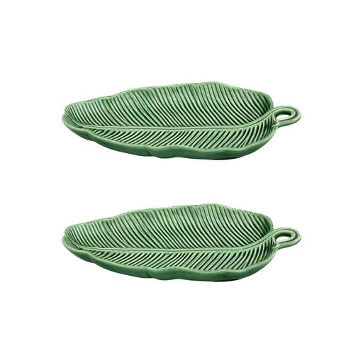 Front view of Leaves Banana Leaf 39 inch in Green, Set of 2 showcasing ribbed leaf shaped serving dishes on a white background