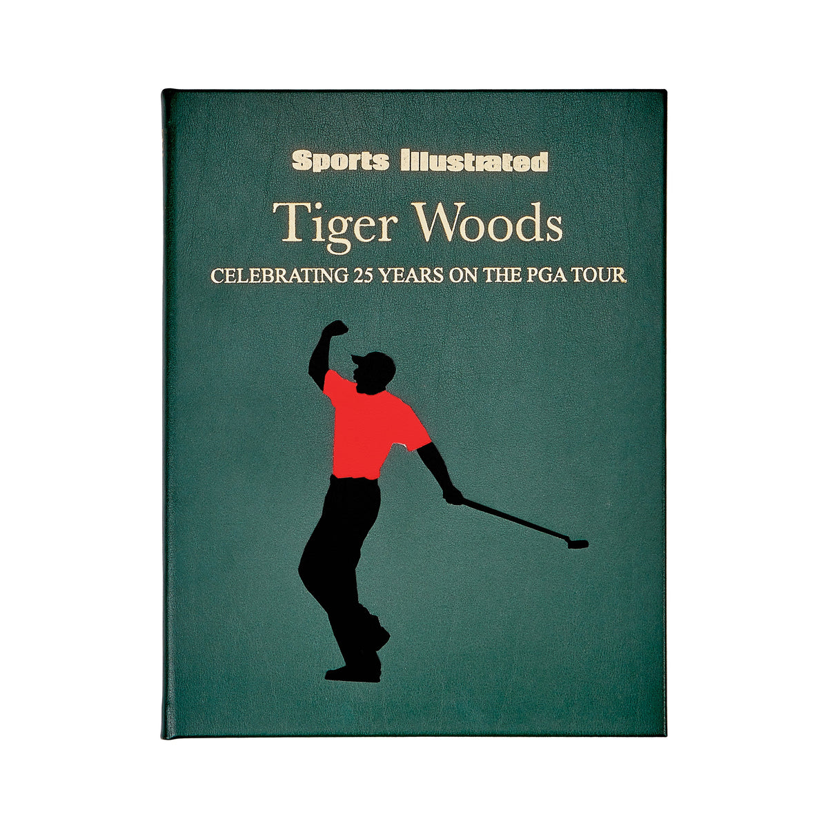 Front view of Tiger Woods: Celebrating 25 Years on the PGA Tour in green bonded leather, with golfer silhouette